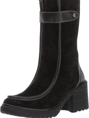FLY London Women's WOOF Mid Calf Boot Black Oil Suede/Rug, 40 M EU (9-9.5)